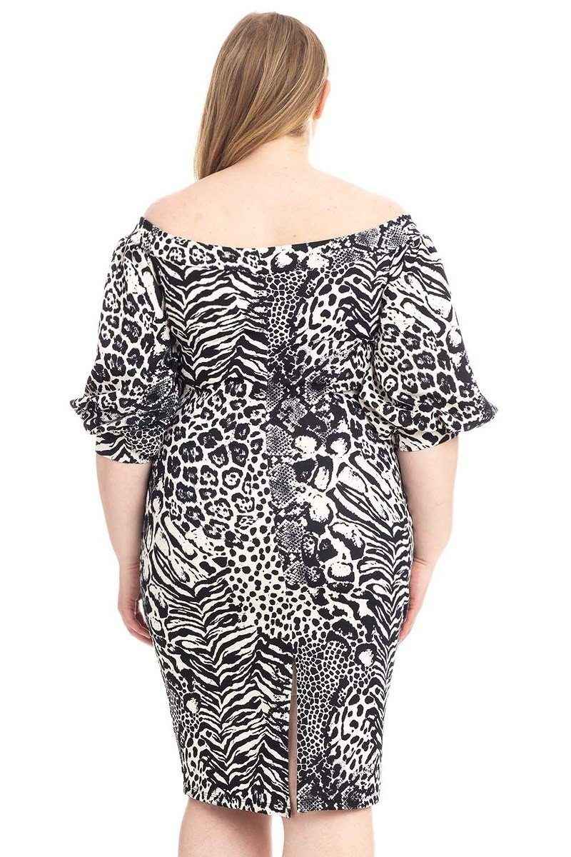 Plus Size Animal Print Crepe Stretch Bodycon Dress – Black/Ivory