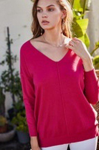 V Neck 3/4 Sleeve Side Slit Hi-lo Sweater - It's a Girly Place