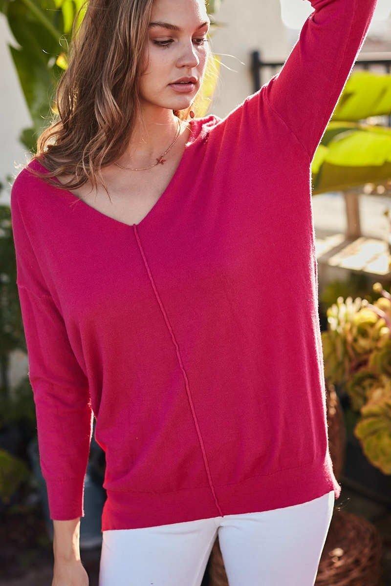 V Neck 3/4 Sleeve Side Slit Hi-lo Sweater - It's a Girly Place