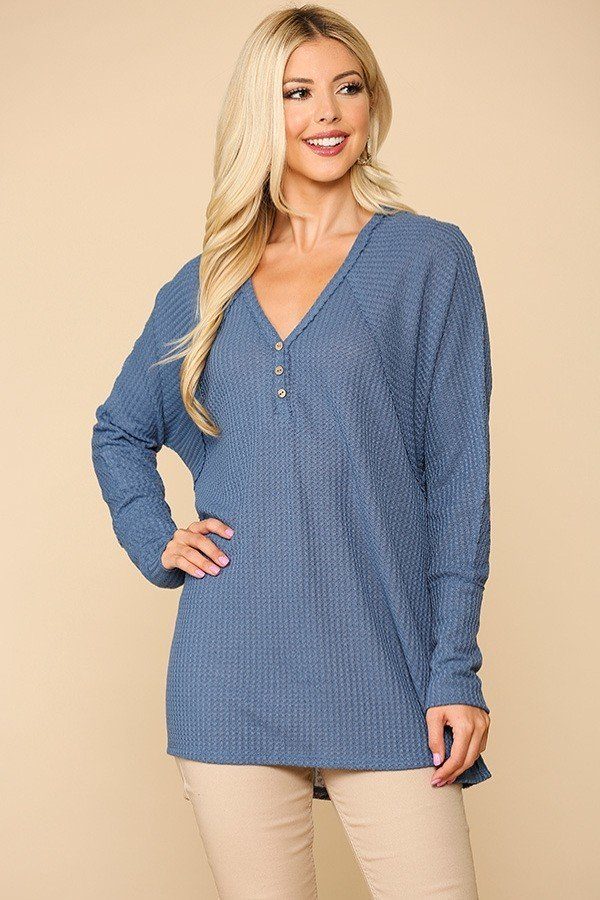 Waffle Knit And Woven Print Mixed Hi Low Flowy Tunic Top - It's a Girly Place
