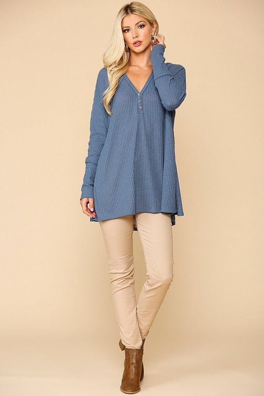 Waffle Knit And Woven Print Mixed Hi Low Flowy Tunic Top - It's a Girly Place