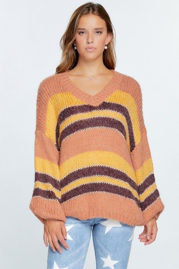 V-neck Cozy Thick Knit Stripe Pullover Sweater - It's a Girly Place