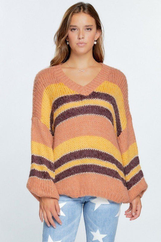V-neck Cozy Thick Knit Stripe Pullover Sweater - It's a Girly Place