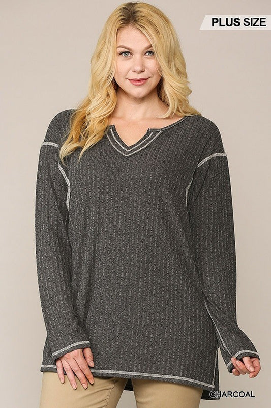 Two-tone Ribbed Tunic Top With Side Slits - It's a Girly Place