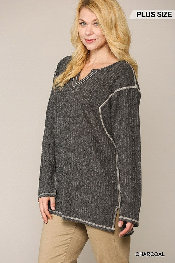 Two-tone Ribbed Tunic Top With Side Slits - It's a Girly Place