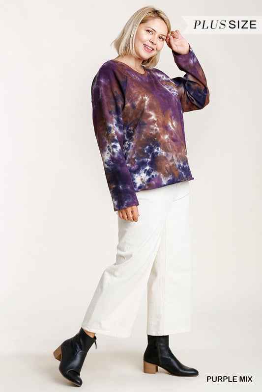 French Terry Tie-dye Raglan Long Sleeve Top With Raw Hem - It's a Girly Place
