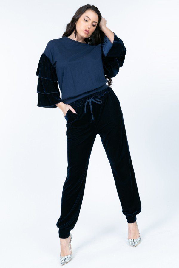 Tiered Velvet Ruffle Sleeve Pullover Crewneck Top - It's a Girly Place
