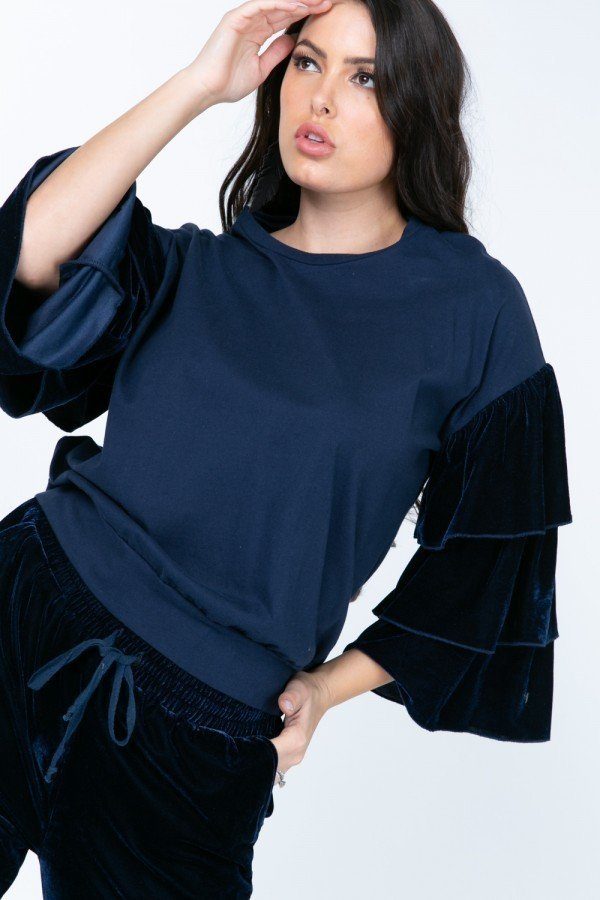 Tiered Velvet Ruffle Sleeve Pullover Crewneck Top - It's a Girly Place