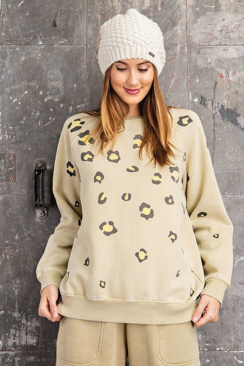 Long Sleeve Leopard Print Washed Terry Sweatshirt - It's a Girly Place