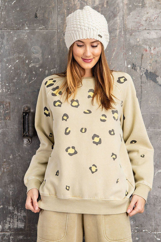 Long Sleeve Leopard Print Washed Terry Sweatshirt - It's a Girly Place