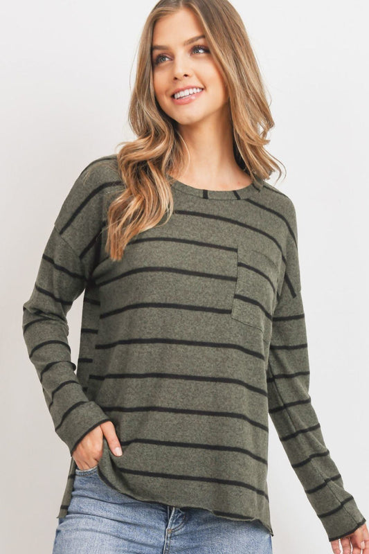 Striped Front Pocket Round Collar - It's a Girly Place