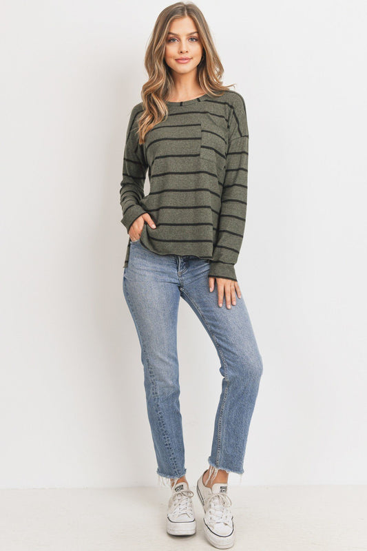 Striped Front Pocket Round Collar - It's a Girly Place