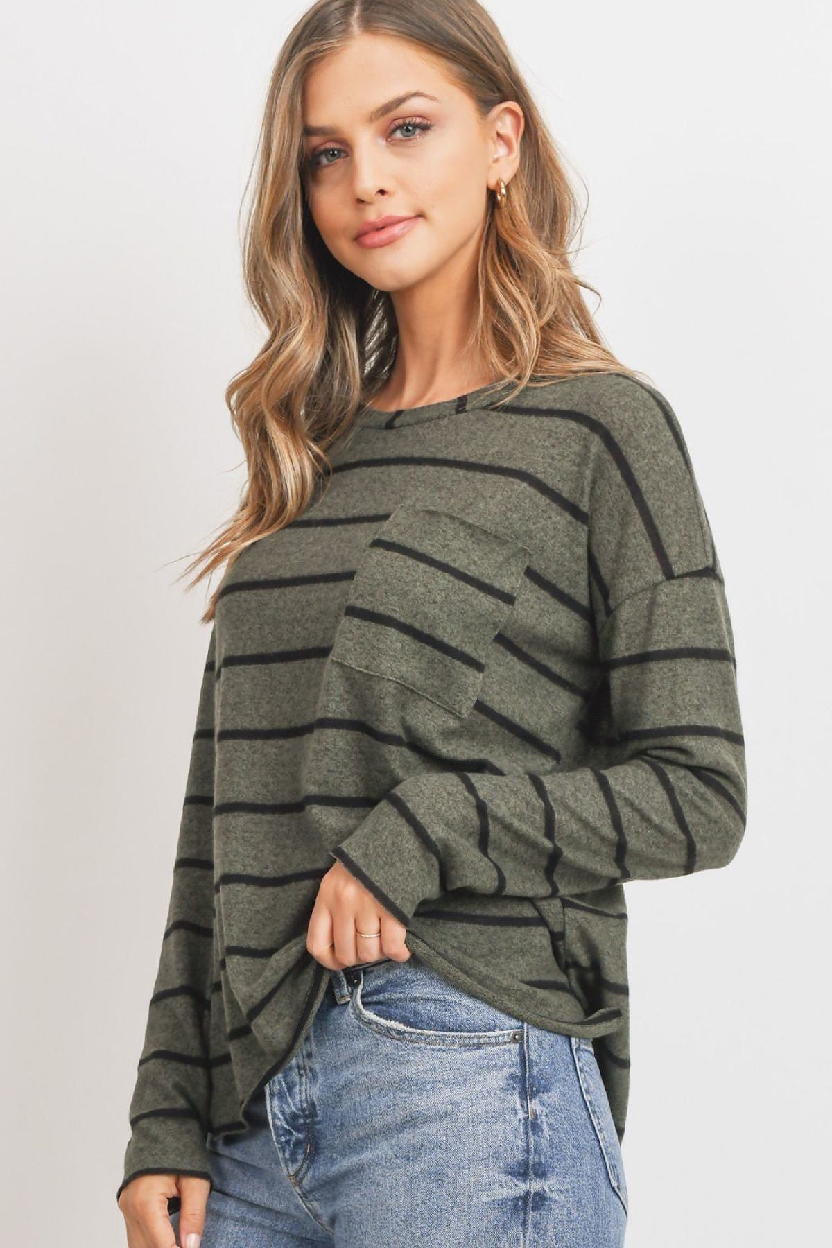Striped Front Pocket Round Collar - It's a Girly Place