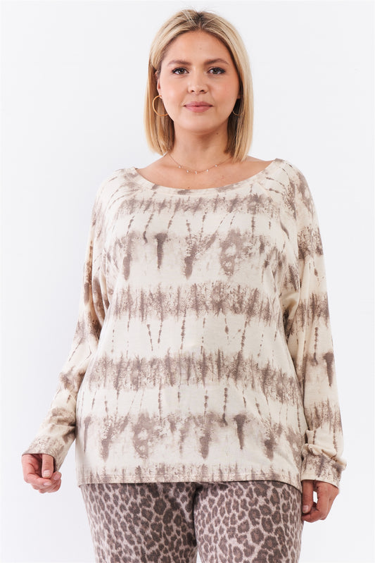 Plus Ivory Acid Wash Print Bateau Neck Relaxed Fit Long Sleeve Top - It's a Girly Place