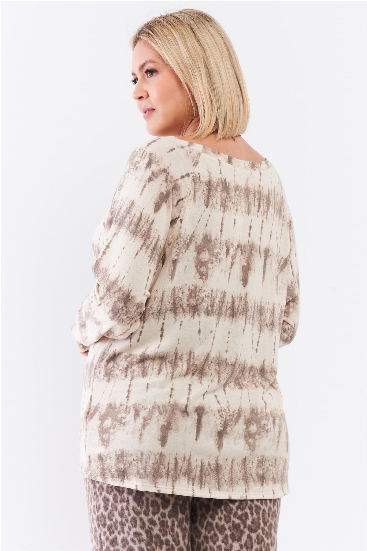 Plus Ivory Acid Wash Print Bateau Neck Relaxed Fit Long Sleeve Top - It's a Girly Place