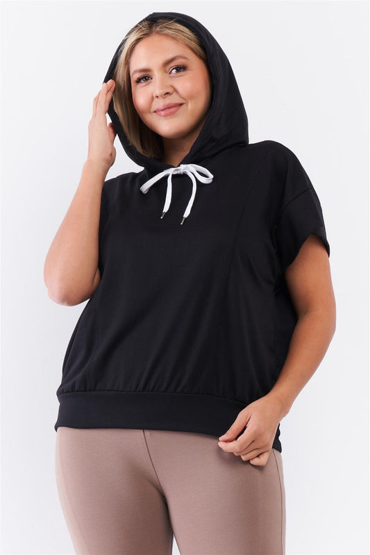 Black Short Wing Sleeve Relaxed Fit White Draw String Tie Hood Detail Top - It's a Girly Place