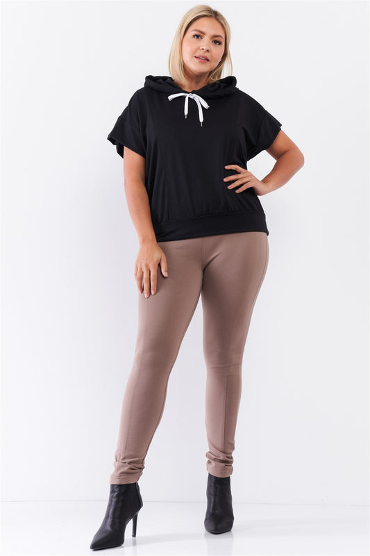Black Short Wing Sleeve Relaxed Fit White Draw String Tie Hood Detail Top - It's a Girly Place