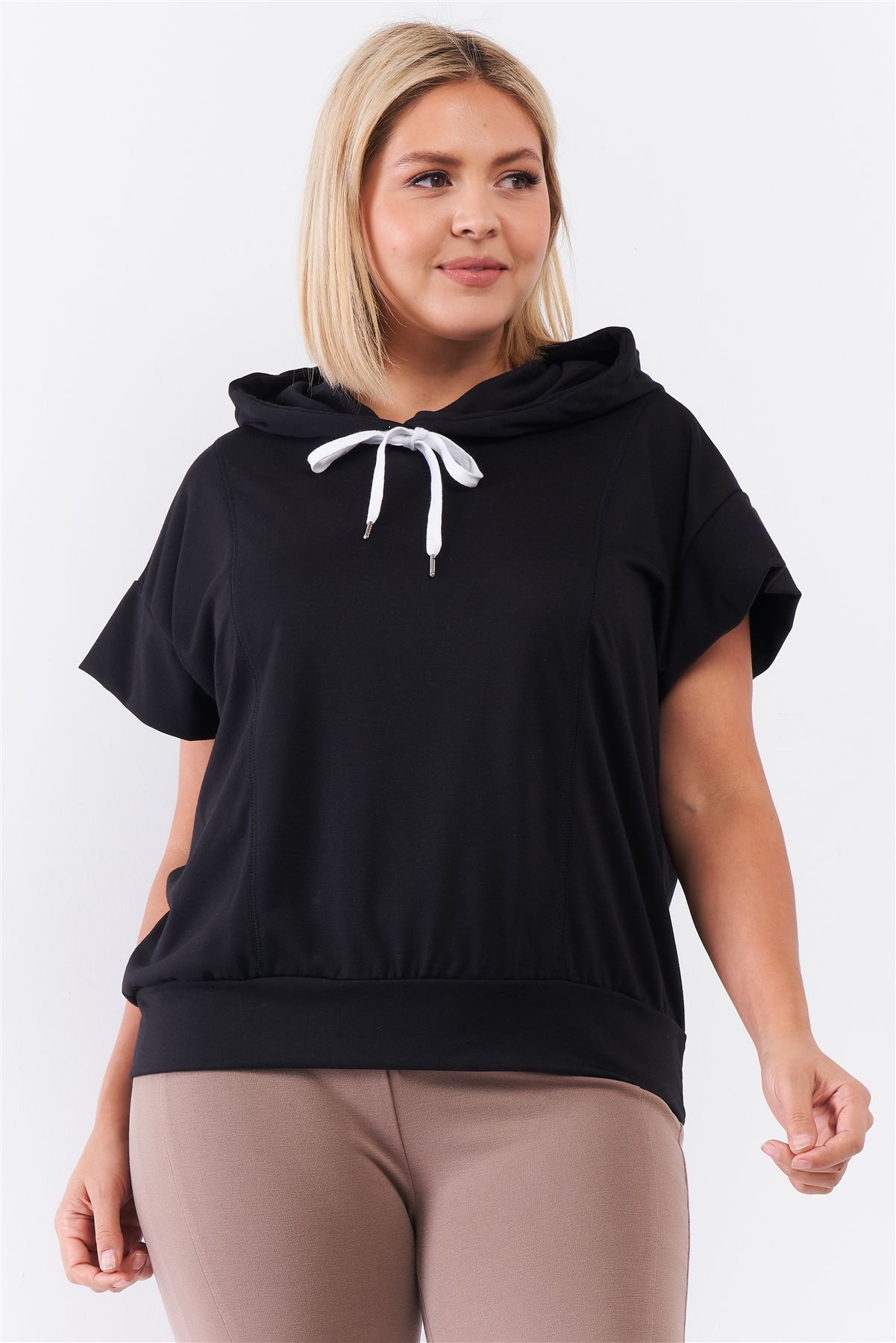 Black Short Wing Sleeve Relaxed Fit White Draw String Tie Hood Detail Top - It's a Girly Place