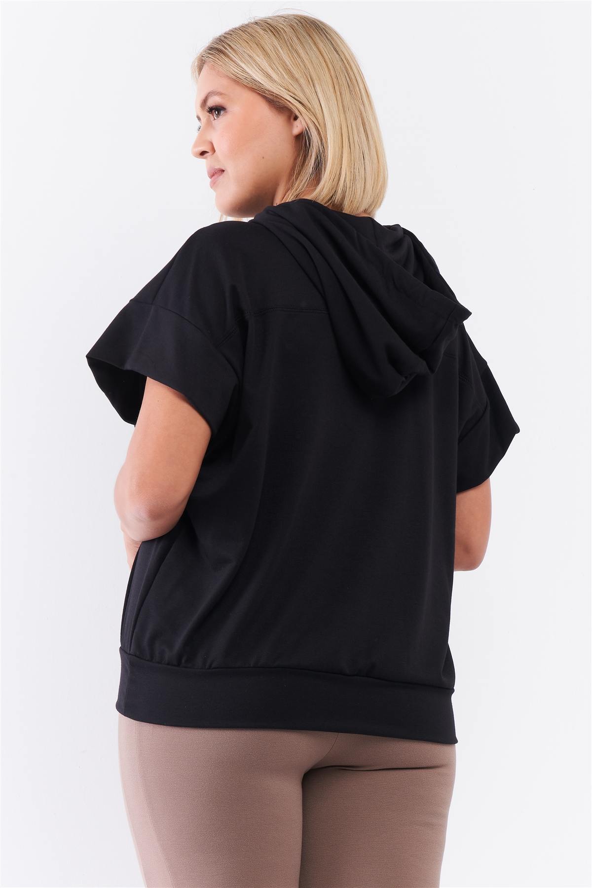 Black Short Wing Sleeve Relaxed Fit White Draw String Tie Hood Detail Top - It's a Girly Place