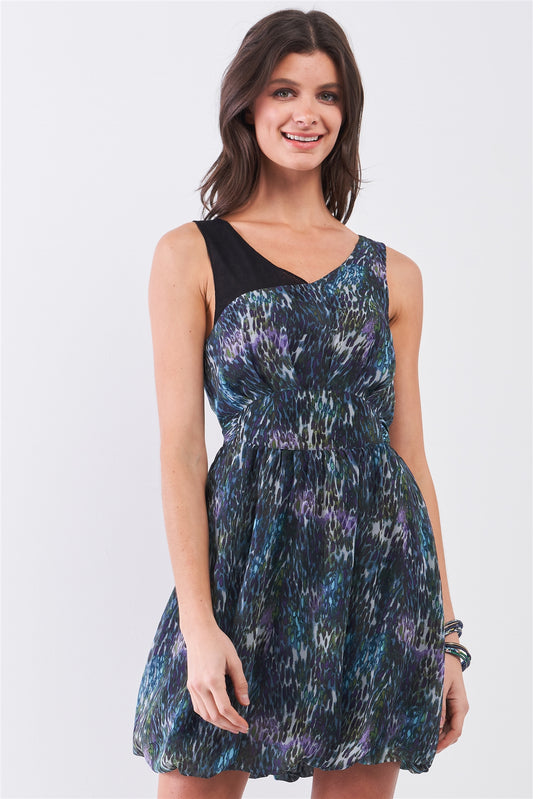 Navy Blue Sleeveless Mesh V-neck Self-tie Waist Stitched Together Bottom Mini Dress - It's a Girly Place