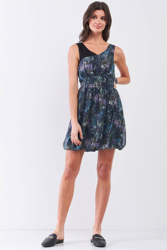 Navy Blue Sleeveless Mesh V-neck Self-tie Waist Stitched Together Bottom Mini Dress - It's a Girly Place