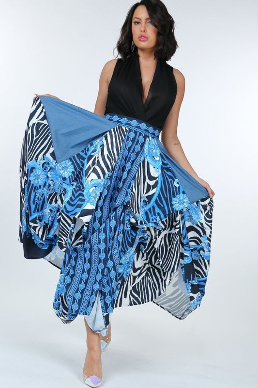 Animal Chain Print Denim Tacked Maxi Skirt In Black Gold - It's a Girly Place