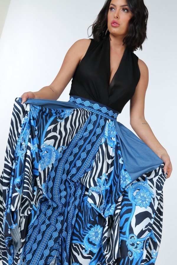 Animal Chain Print Denim Tacked Maxi Skirt In Black Gold - It's a Girly Place