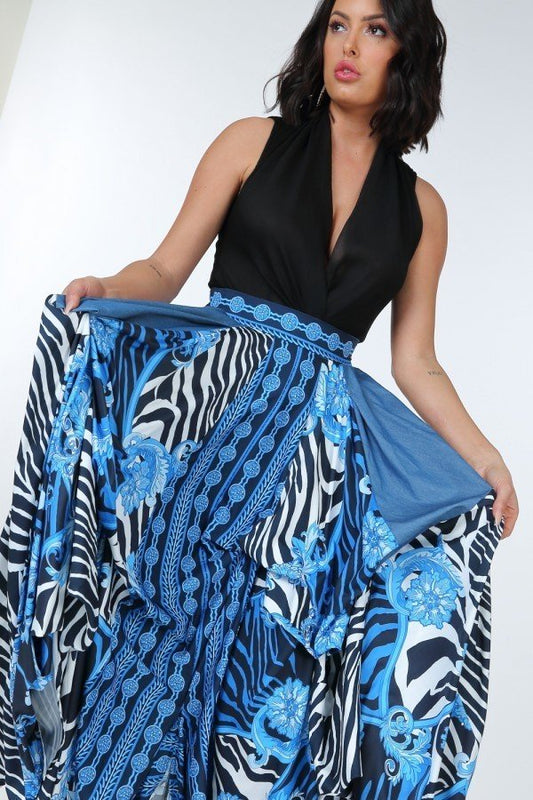 Animal Chain Print Denim Tacked Maxi Skirt In Black Gold - It's a Girly Place