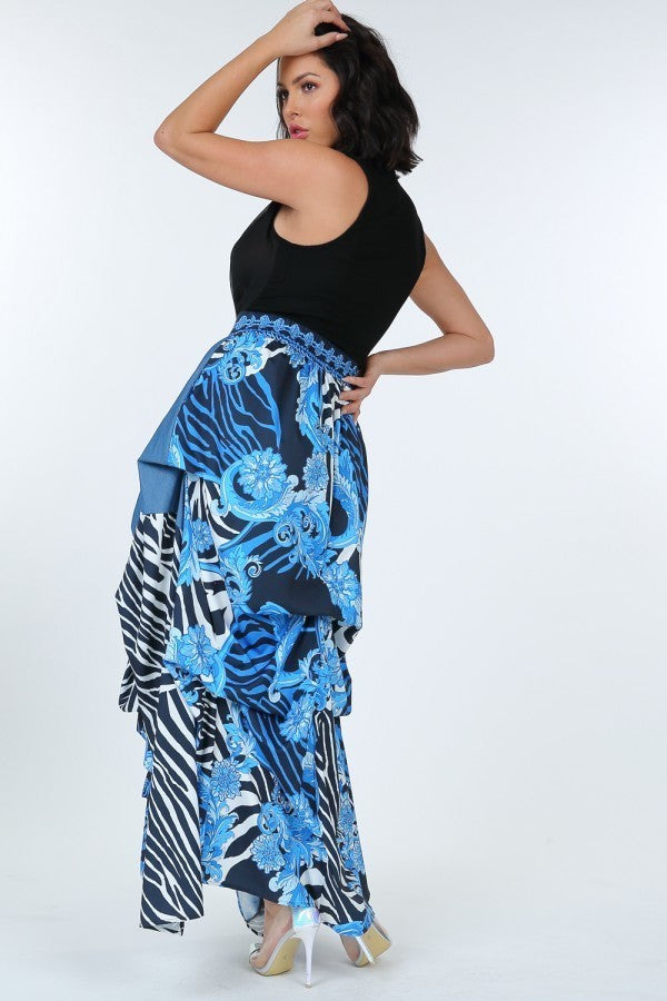Animal Chain Print Denim Tacked Maxi Skirt In Black Gold - It's a Girly Place