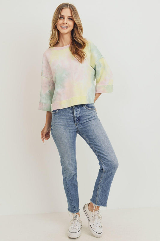 Tie Dyed 3/4 Sleeve Round Neck Top - It's a Girly Place