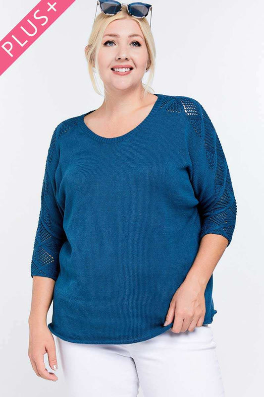 Solid Round Neck 3/4 Sleeve Sweater Top - It's a Girly Place