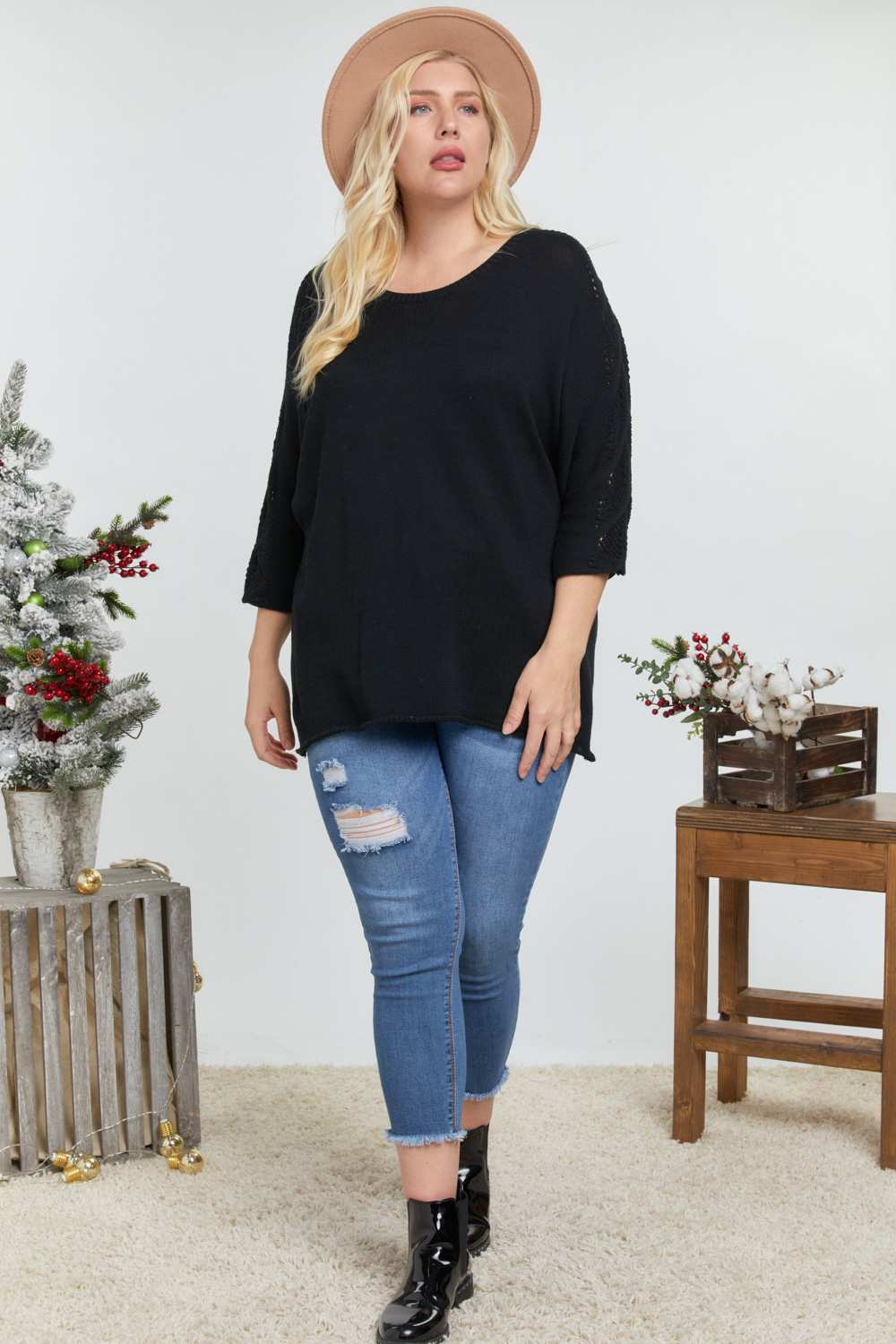 Solid Round Neck 3/4 Sleeve Sweater Top - It's a Girly Place