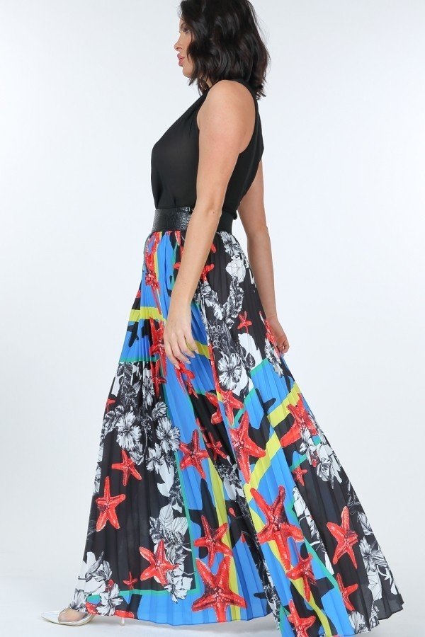 Pleated Print Maxi Skirt With Leather Waist Band - It's a Girly Place