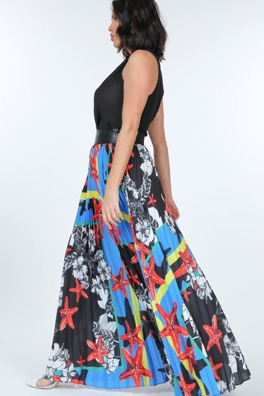 Pleated Print Maxi Skirt With Leather Waist Band - It's a Girly Place