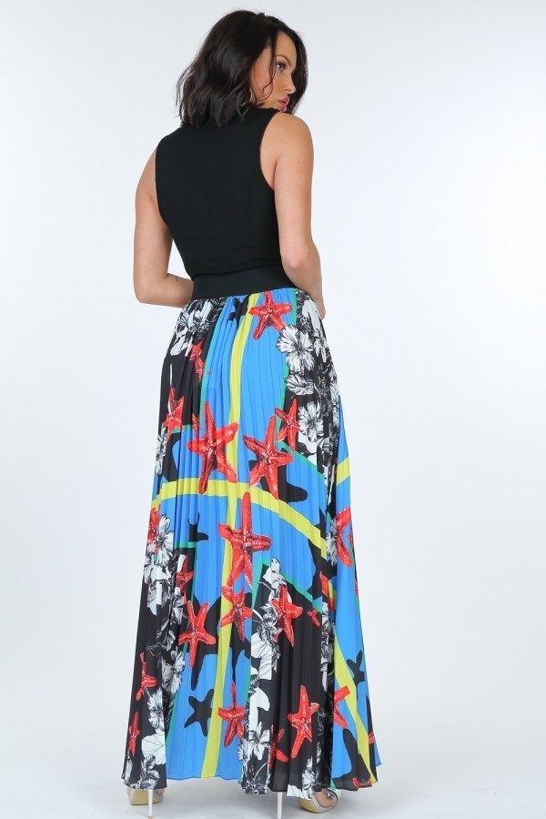 Pleated Print Maxi Skirt With Leather Waist Band - It's a Girly Place