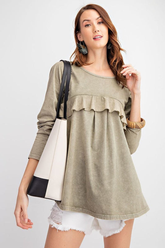 Long Sleeve Ruffled Detailing Oil Washed Knit Tunic - It's a Girly Place