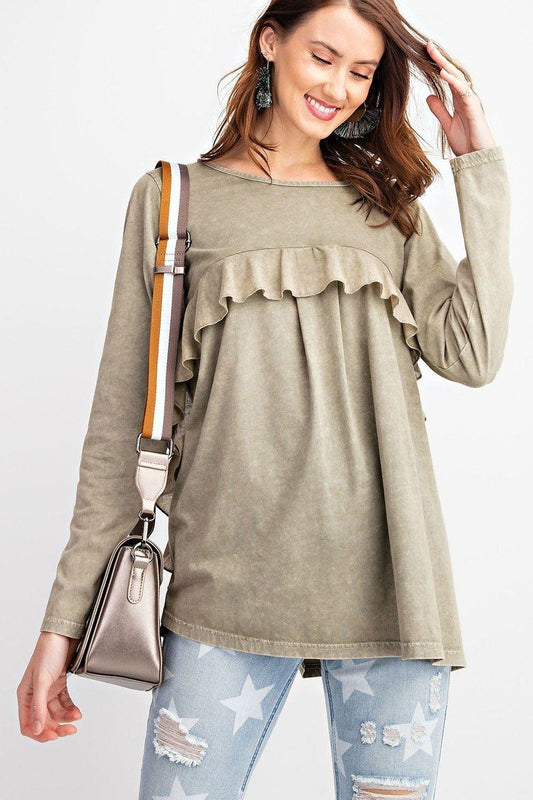 Long Sleeve Ruffled Detailing Oil Washed Knit Tunic - It's a Girly Place