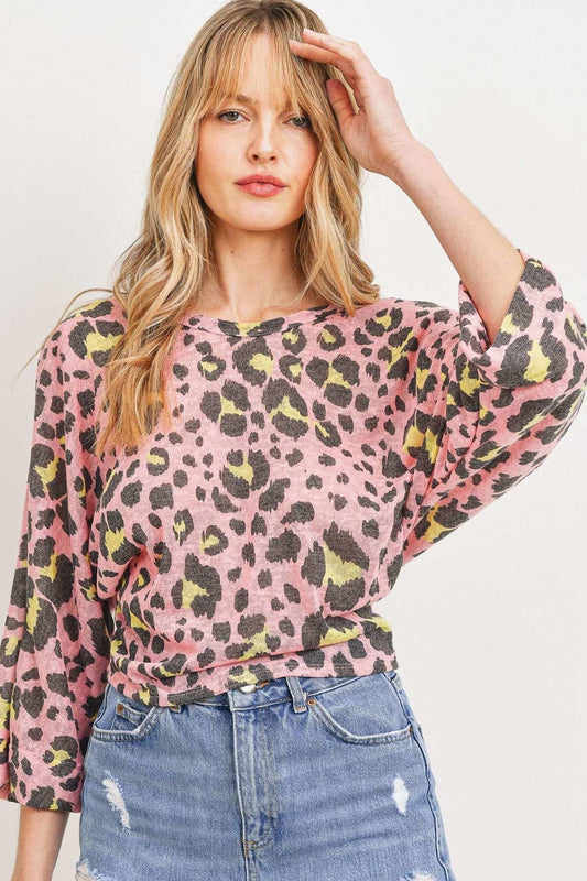 Leopard Knit Back Opened Short Sleeve Top - It's a Girly Place