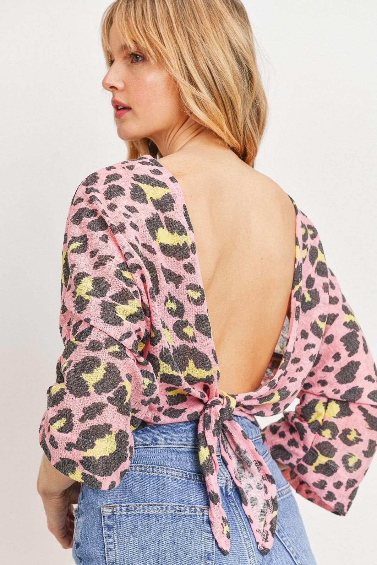 Leopard Knit Back Opened Short Sleeve Top - It's a Girly Place