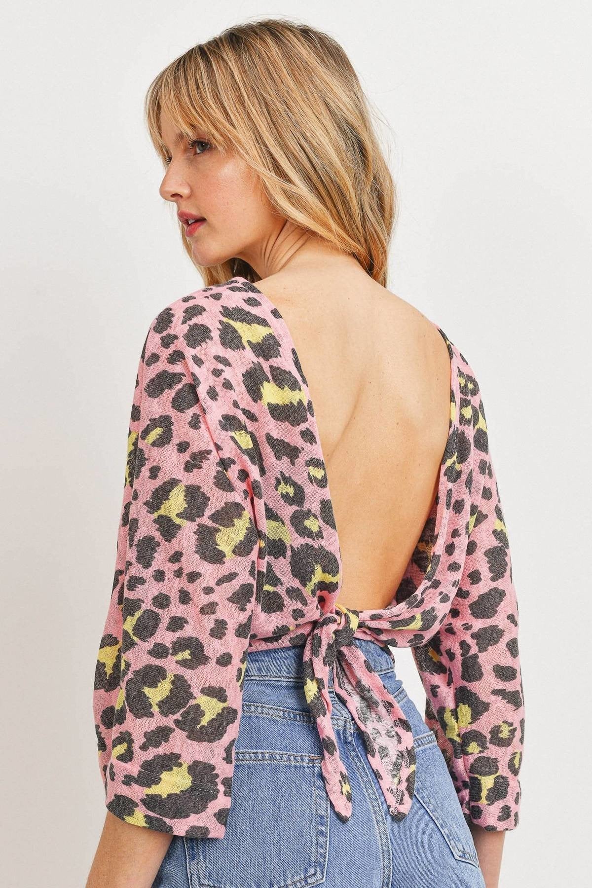 Leopard Knit Back Opened Short Sleeve Top - It's a Girly Place