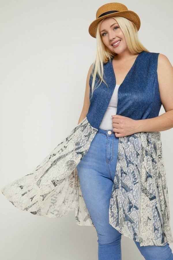 Made in U.S.A Sleeveless Lace Cardigan – Denim Blue/Paris