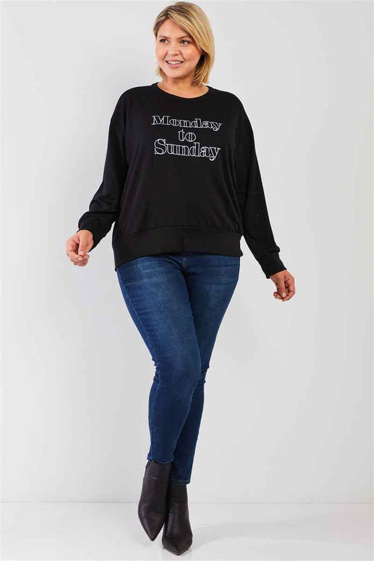 Black “Monday Sunday” Print Long Sleeve Relaxed Sweatshirt Top