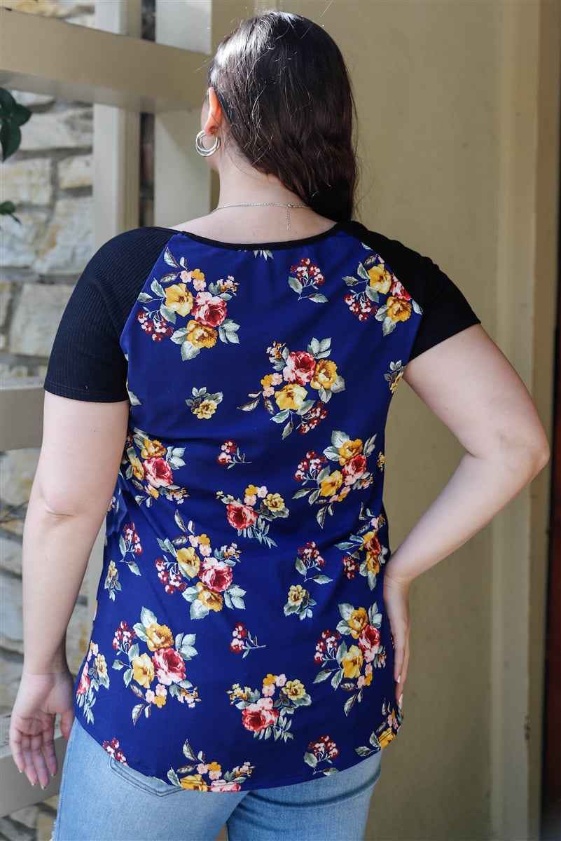 Plus Floral Print & Ribbed Black Colorblock Top – Navy Floral
