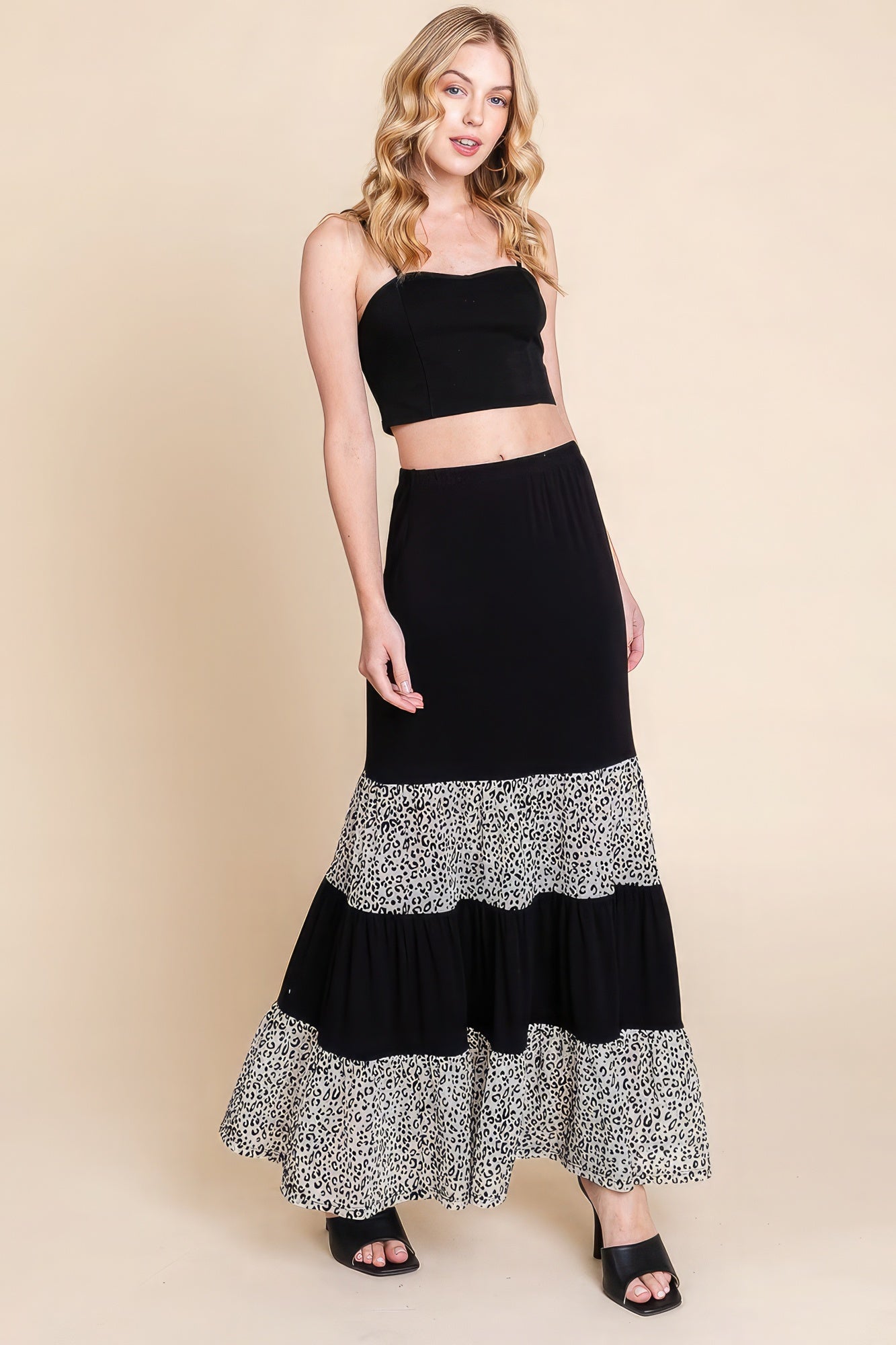 Long Tiered Contrast Fashion Skirt With Velvet Animal Print Mesh - It's a Girly Place
