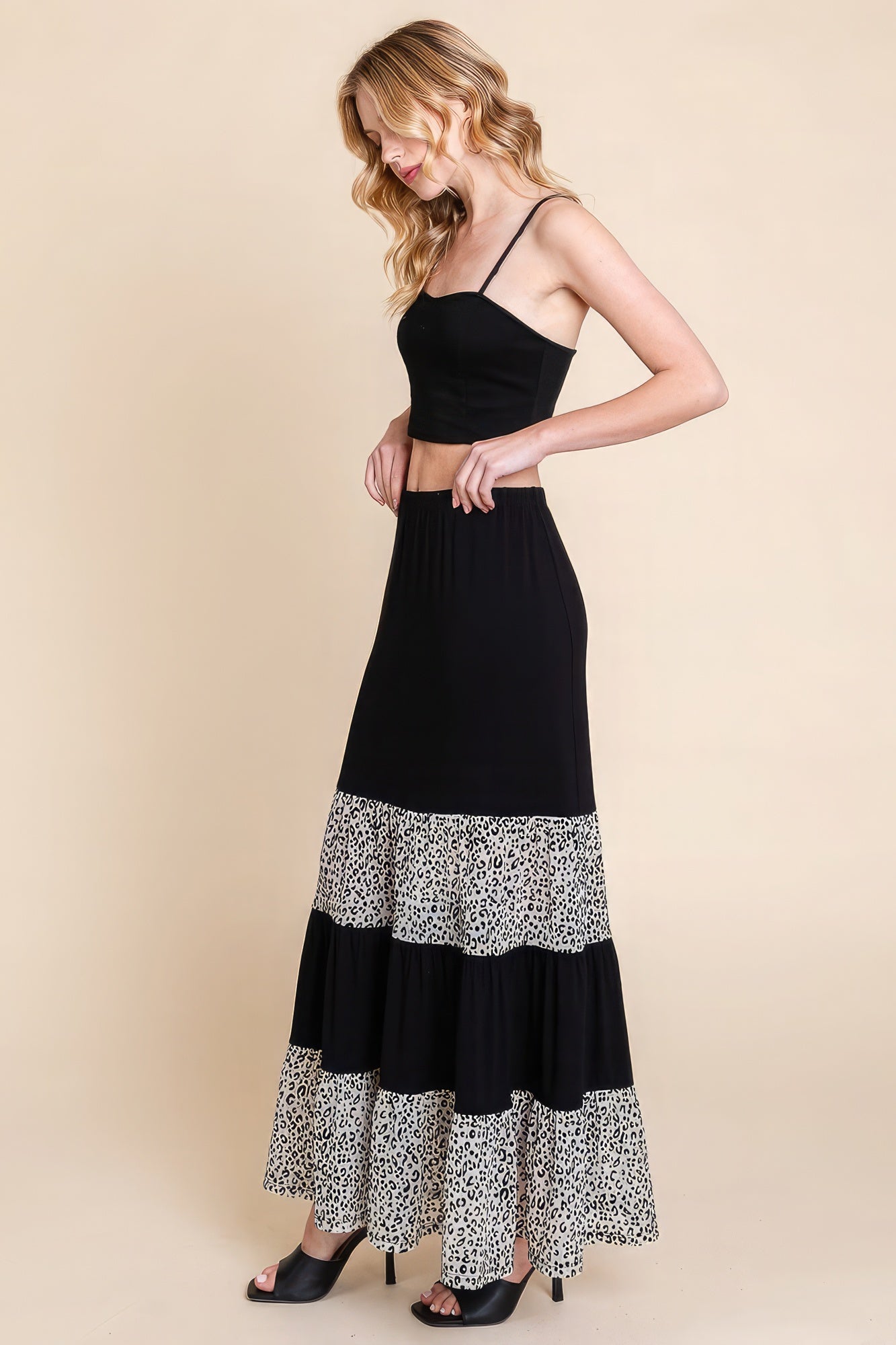Long Tiered Contrast Fashion Skirt With Velvet Animal Print Mesh - It's a Girly Place