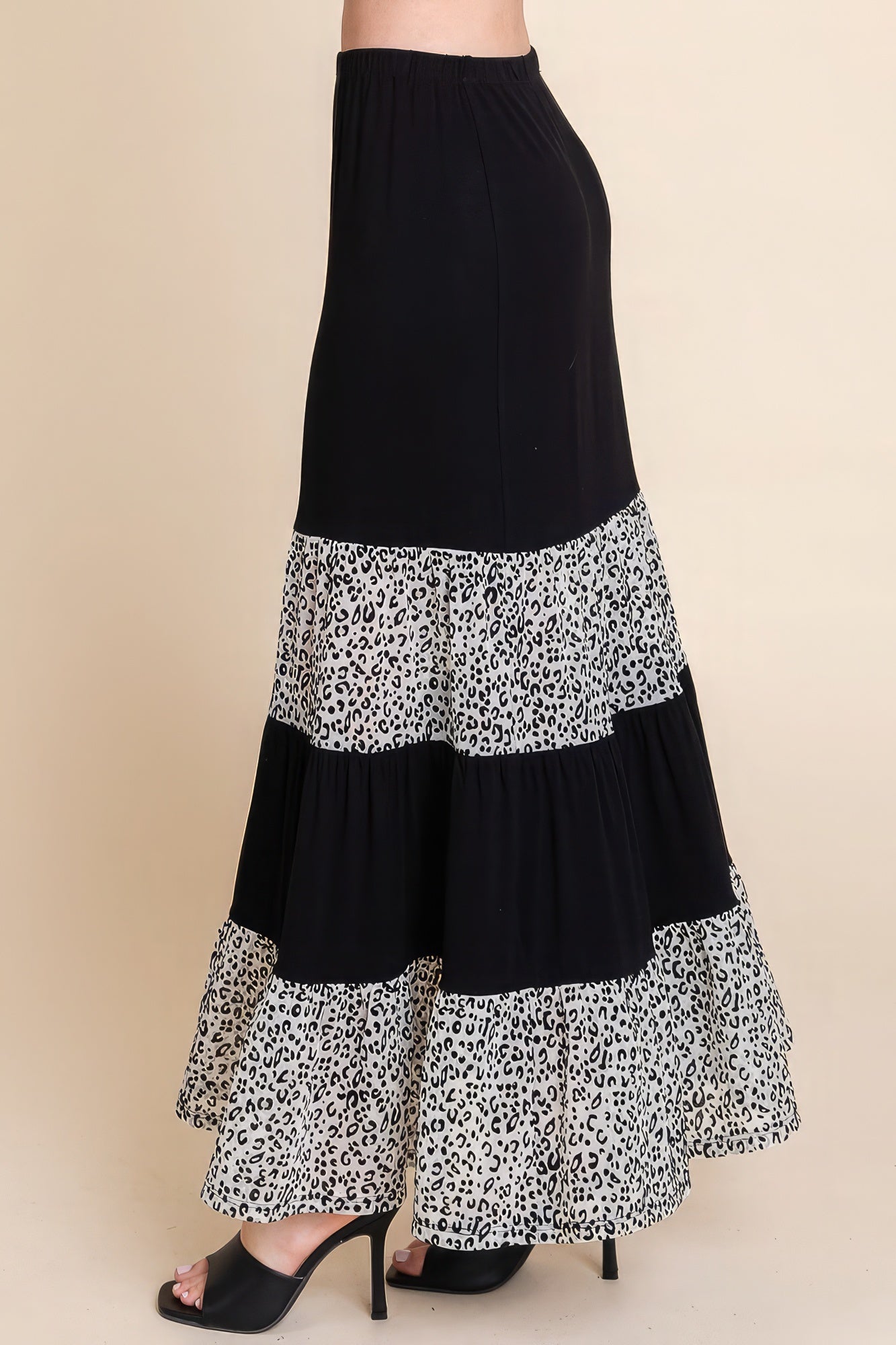Long Tiered Contrast Fashion Skirt With Velvet Animal Print Mesh - It's a Girly Place