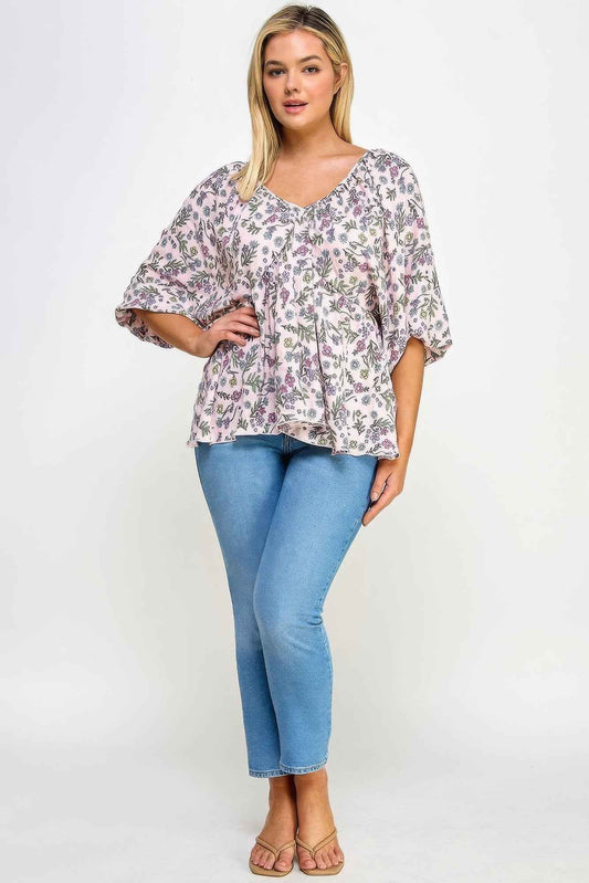 Floral V-Neck Babydoll Balloon Sleeve Top – Fairy Pink