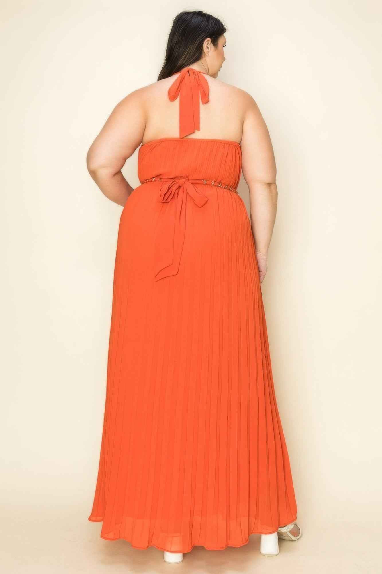 Chiffon Pleated Gold Trim Neck & Belt Cut Out Chest Maxi Dress