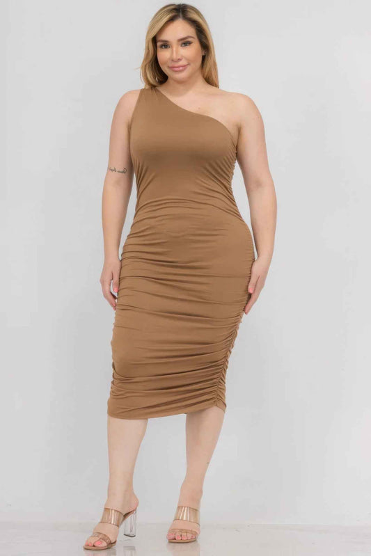 Plus Size Solid Tone Ruched One-Shoulder Midi Bodycon Dress
