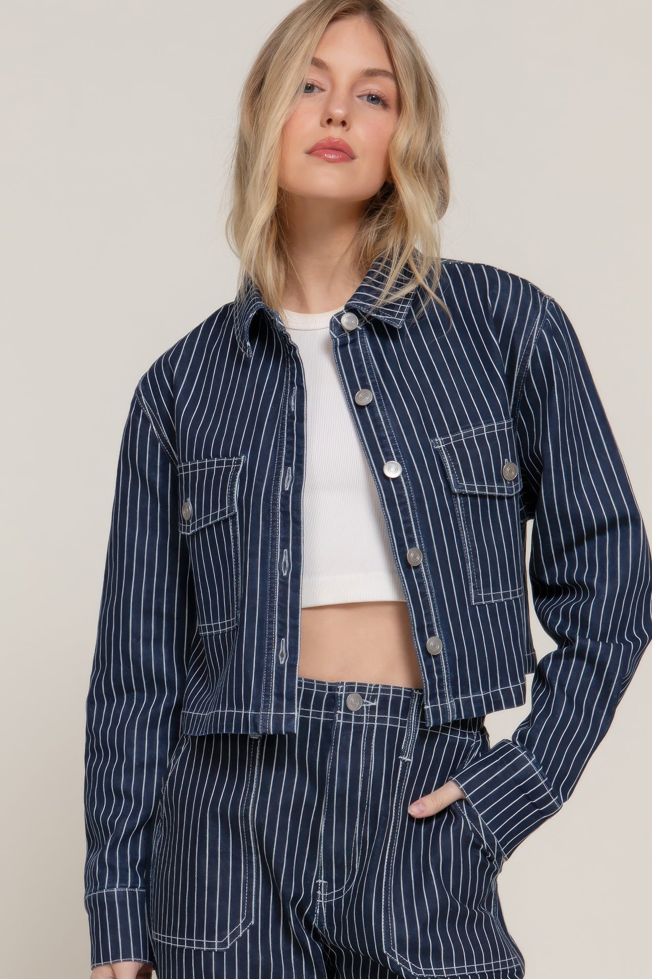Button Down Stripe Denim Short Jacket - It's a Girly Place